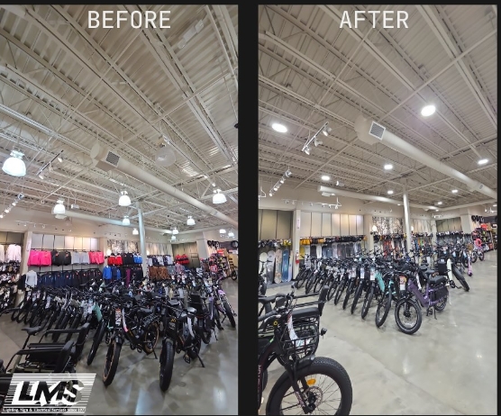 Bike Shop — High Bay Retrofit — Before and After LED retrofit